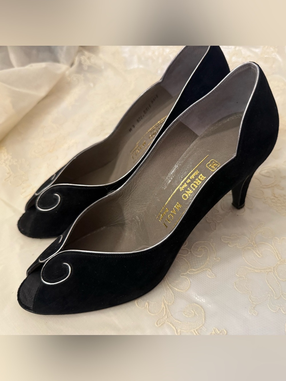 Bruno Magli Black Suede Peep-Toe Pumps with Silver Trim